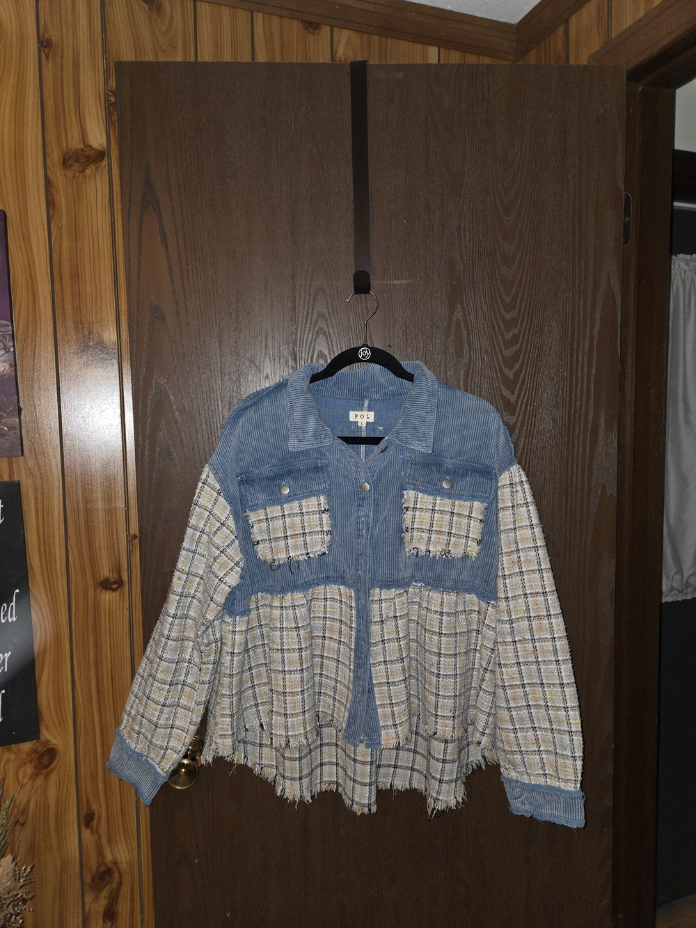 POL Two-Tone Denim & Plaid Fringe Jacket - Blue, Cream, Tan